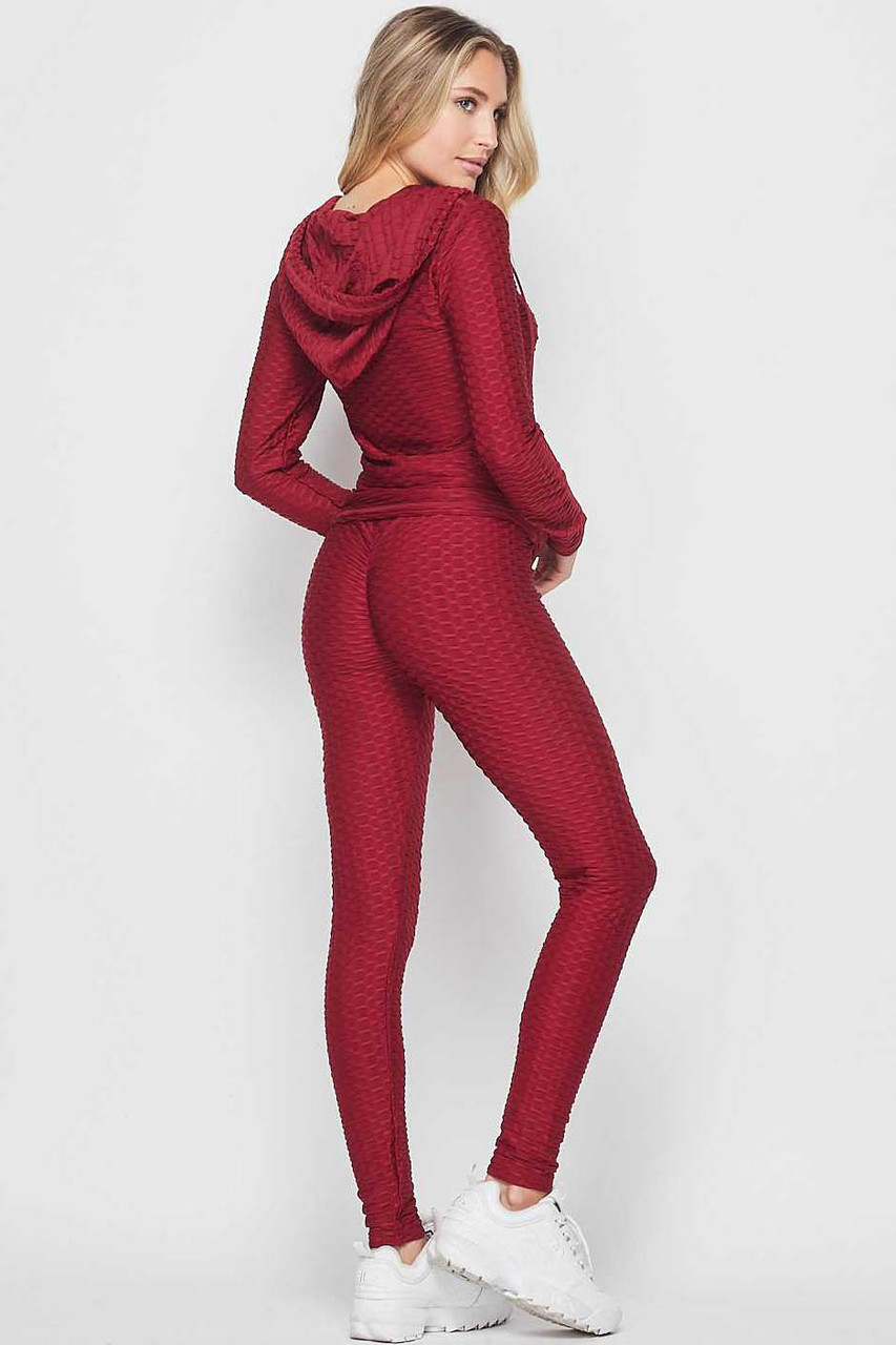 45 degree back view of Burgundy 2 Piece Scrunch Butt Leggings and Hooded Jacket Set