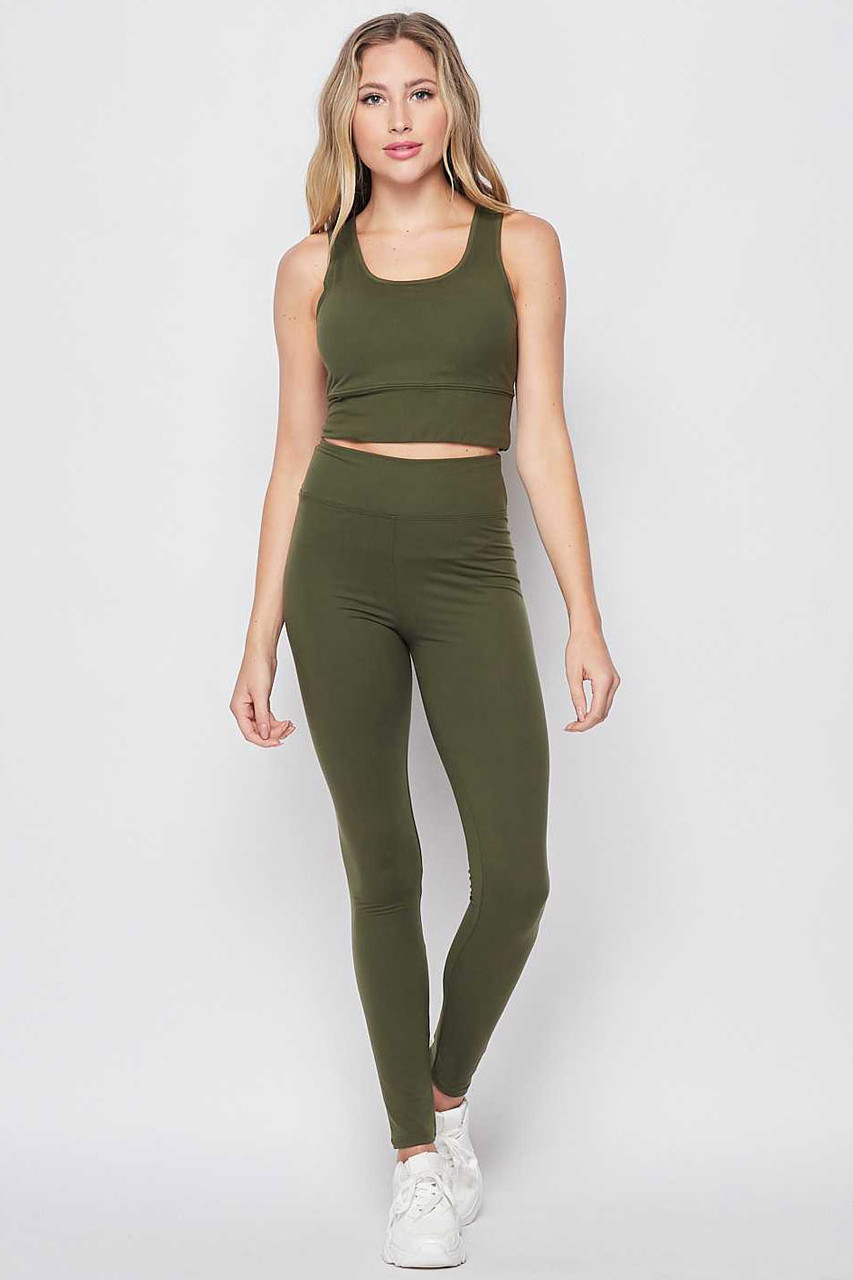 Front view of Olive Buttery Smooth High Waisted 3 Inch Leggings and Crop Top Bra Set