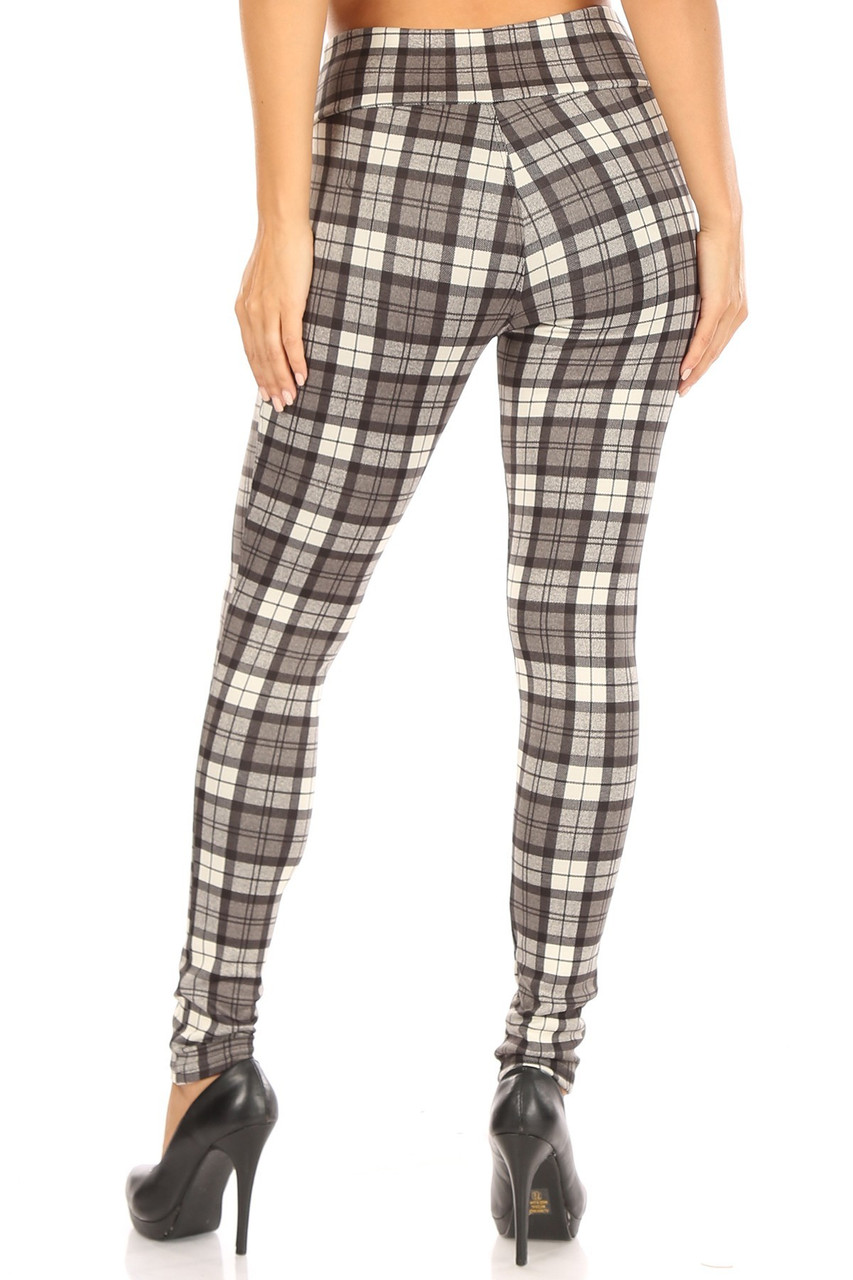 Rear view of Monochrome Plaid High Waisted Treggings with Zipper Accent Pockets with a fitted skinny leg cut.