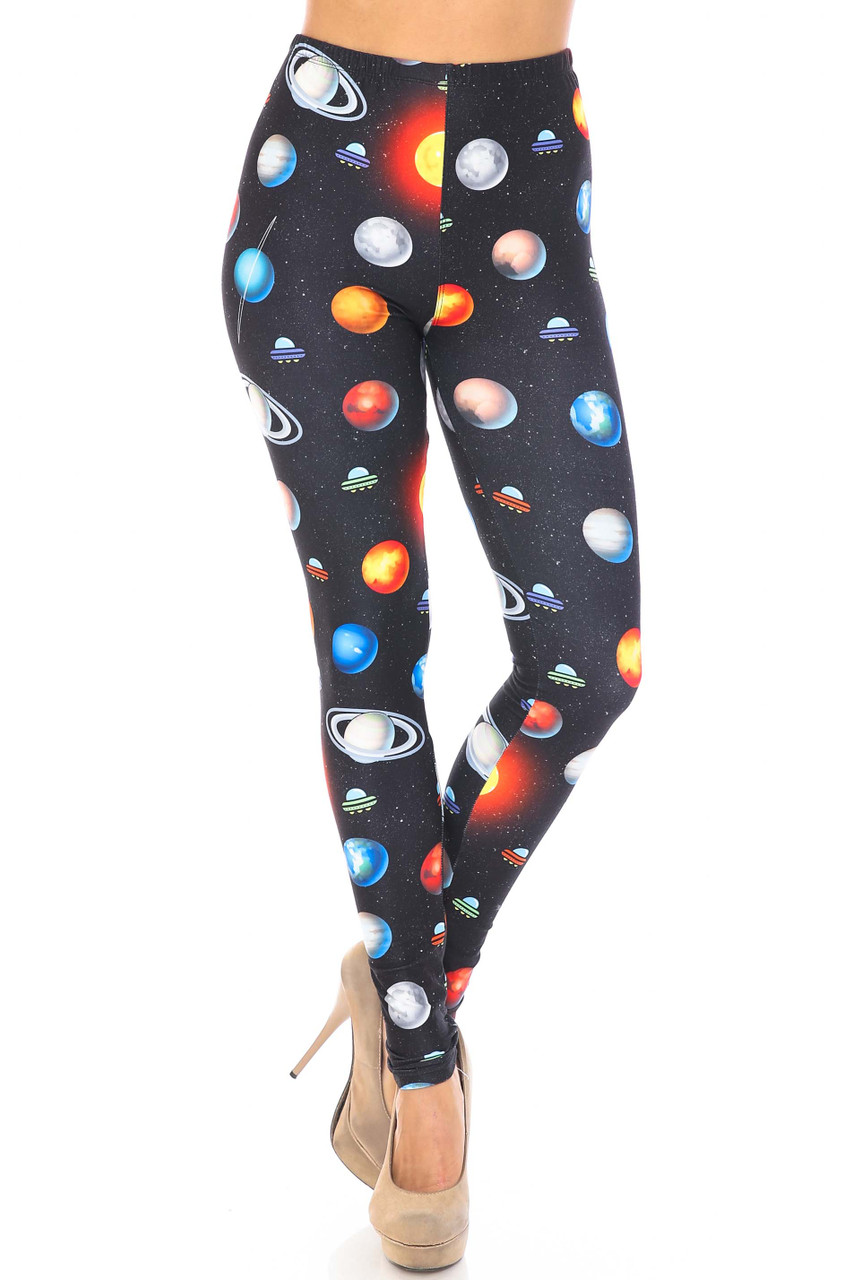Front view of Creamy Soft Galaxy Planets Plus Size Leggings - USA Fashion™ with an elastic waist.