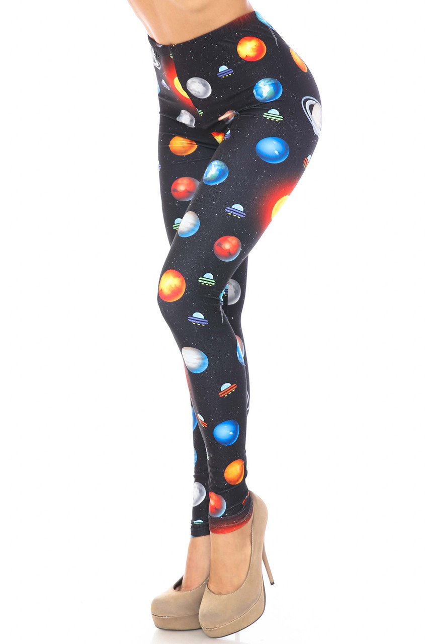 Left side view of Creamy Soft Galaxy Planets Plus Size Leggings - USA Fashion™