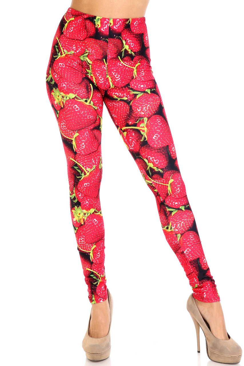 Front of mid rise Creamy Soft Strawberry Plus Size Leggings - USA Fashion™  with a comfort stretch elasticized waistband.