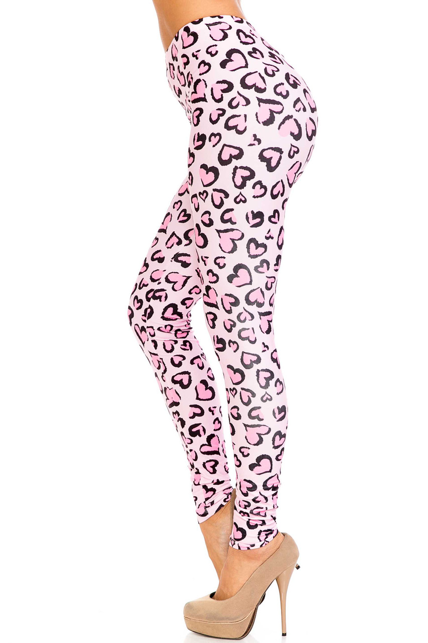 Left side of Creamy Soft Pink Heart Leopard Plus Size Leggings - USA Fashion™