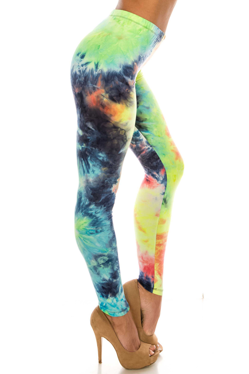 Right side of Buttery Smooth Summer Yellow Tie Dye Plus Size Leggings