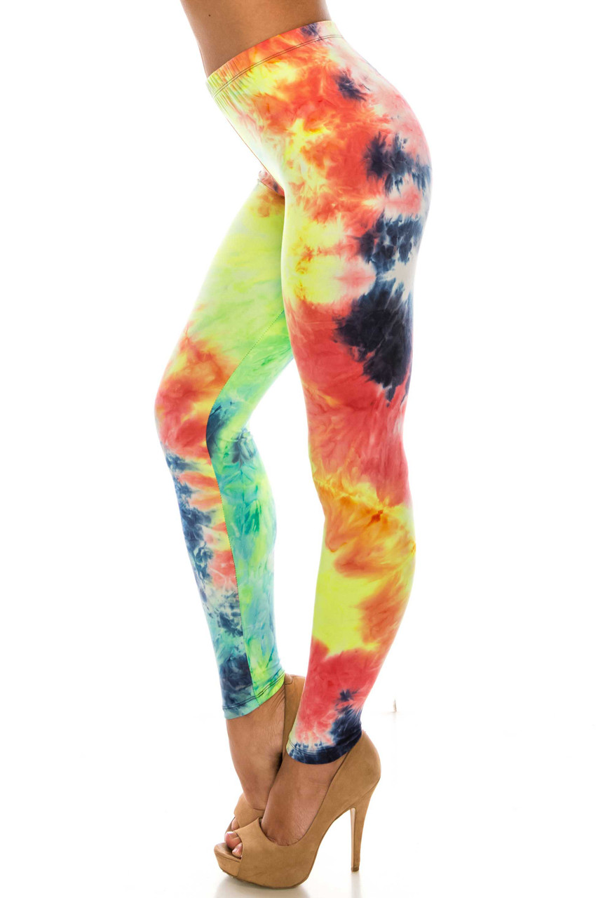 Left side of Buttery Soft Summer Yellow Tie Dye Extra Plus Size Leggings