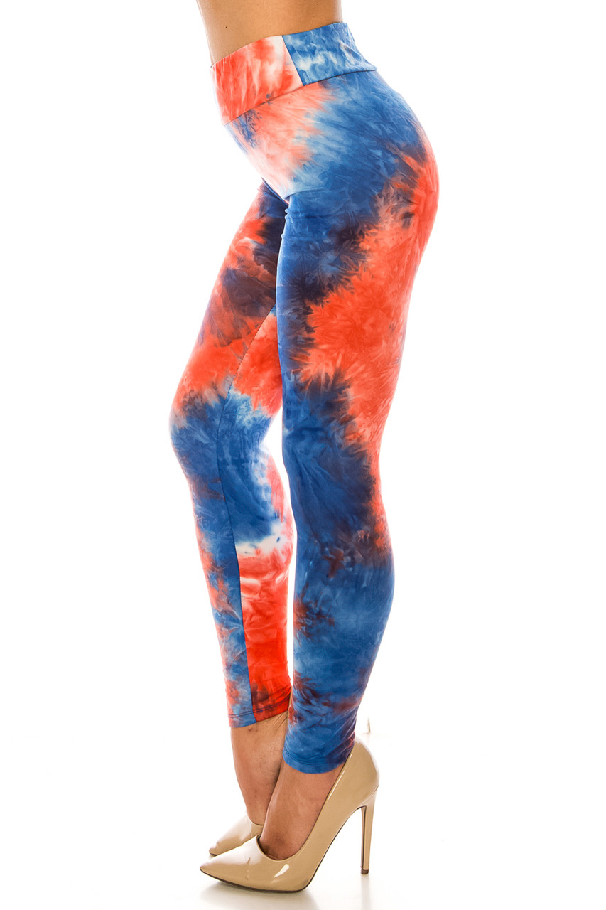 Left side of Buttery Smooth Red and Blue Tie Dye High Waisted Leggings