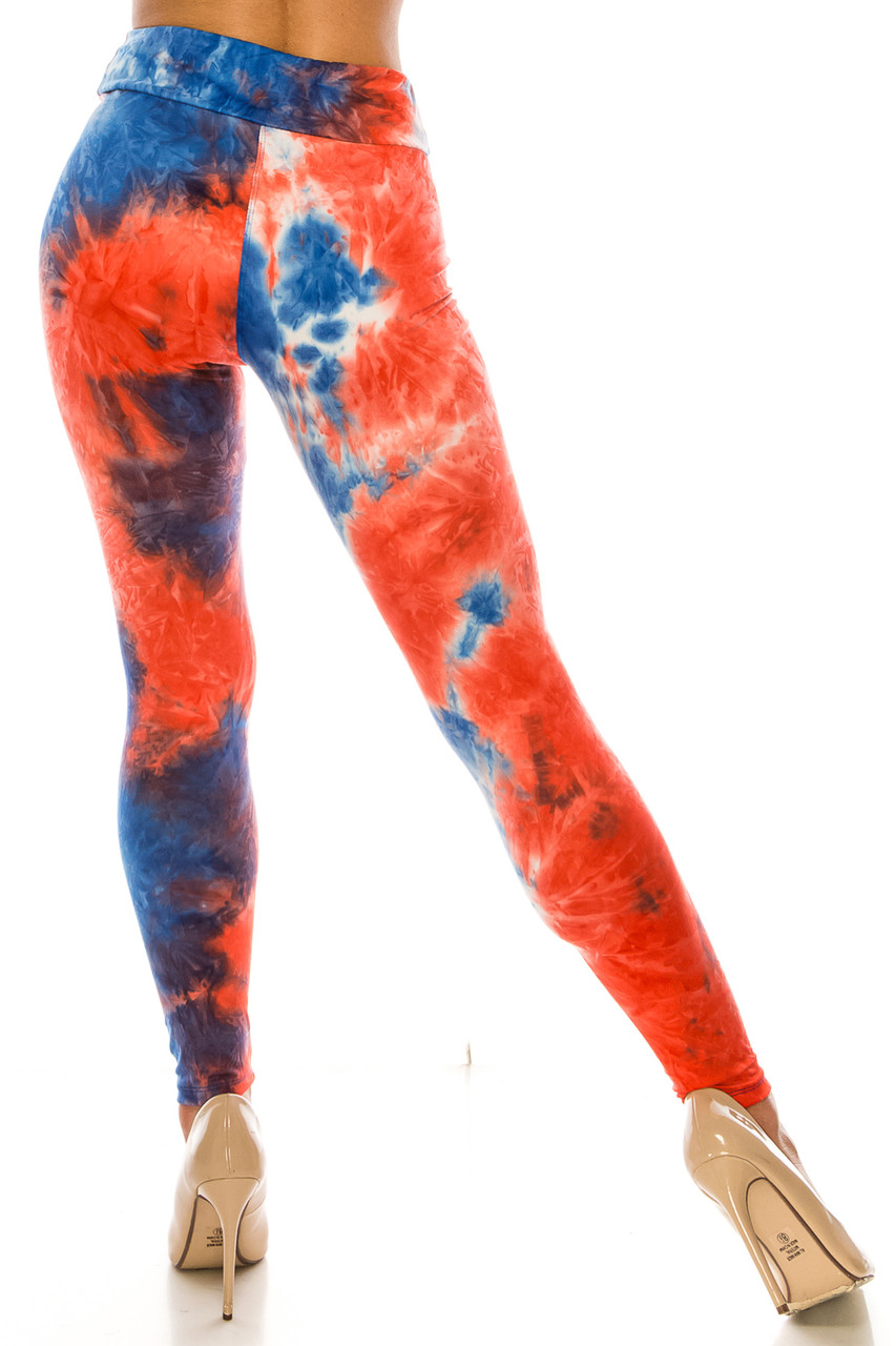 Back side image of Buttery Smooth Red and Blue Tie Dye High Waisted Leggings - Plus Size with a fabulous look for everyday or patriotic holidays.