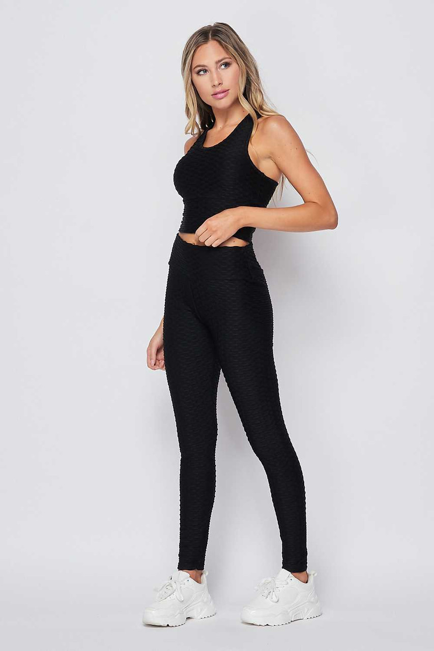 Right side of Black 2 Piece Scrunch Butt Leggings and Crop Top Set