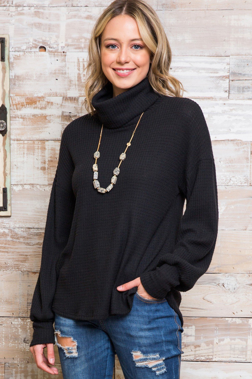Waffle Knit Cowl Neck Long Sleeve Top - Plus Size