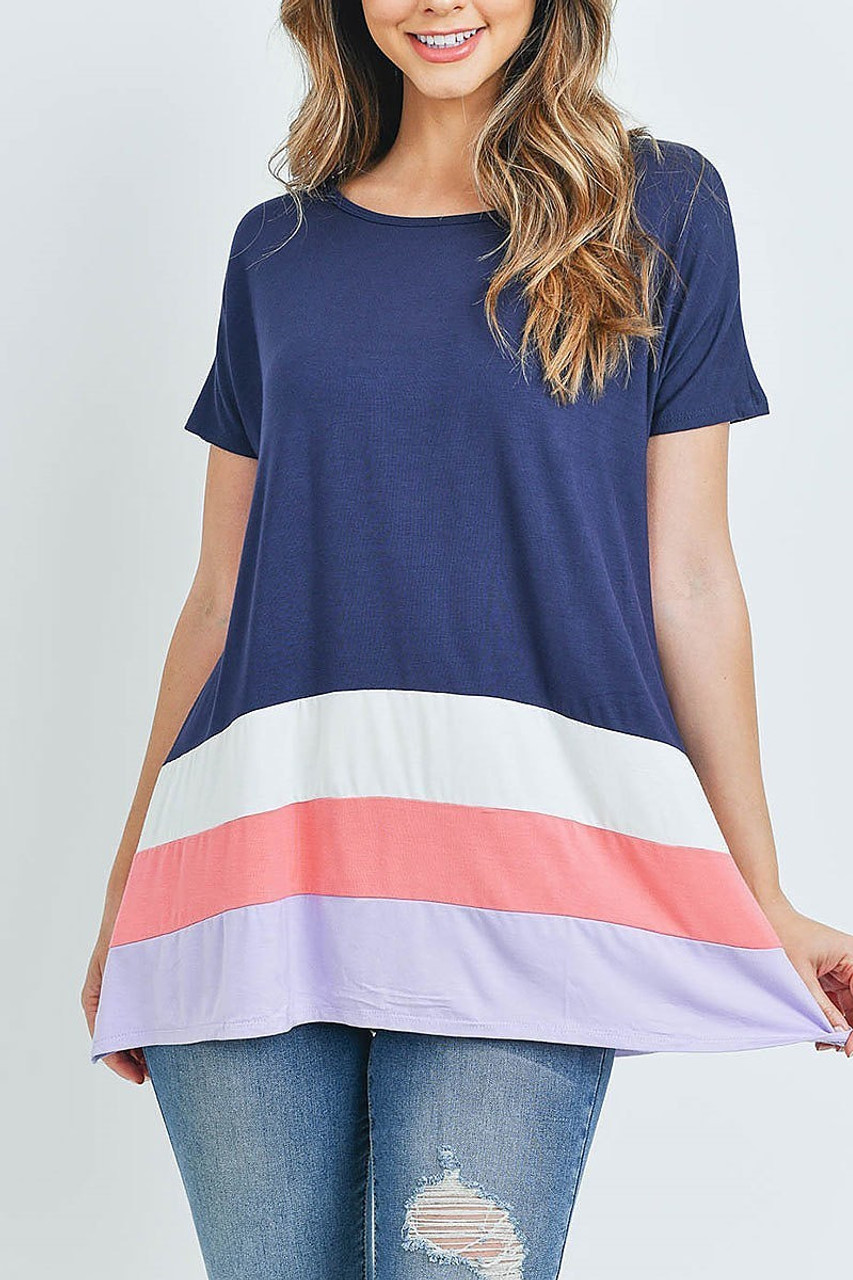 Front of Navy/Coral Striped Color Block Hem Short Sleeve Tunic