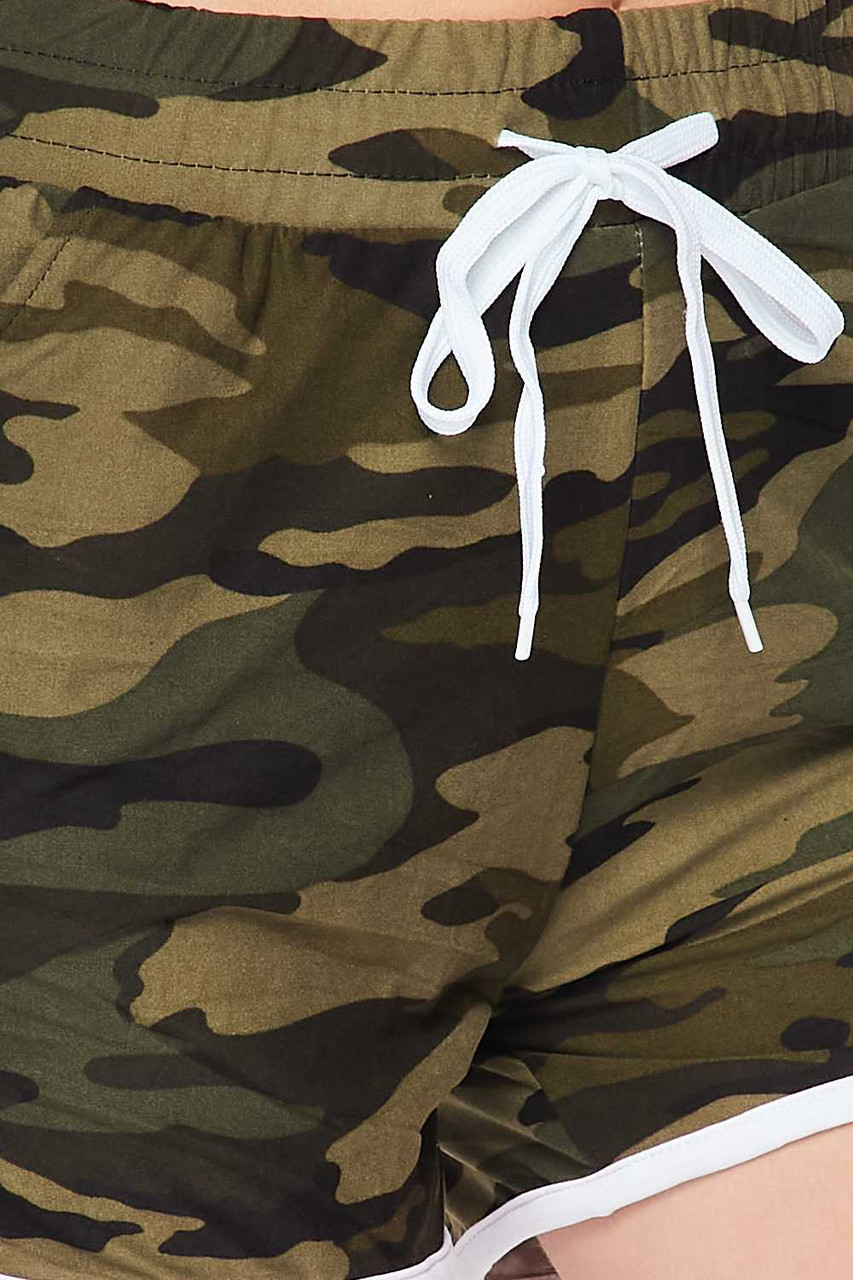 Buttery Smooth Green Camouflage Drawstring Waist Plus Size Dolphin Shorts with Pockets