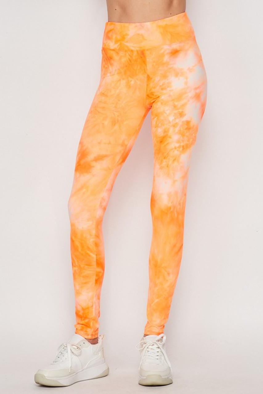 Front of Orange Buttery Soft Tie Dye High Waisted Leggings