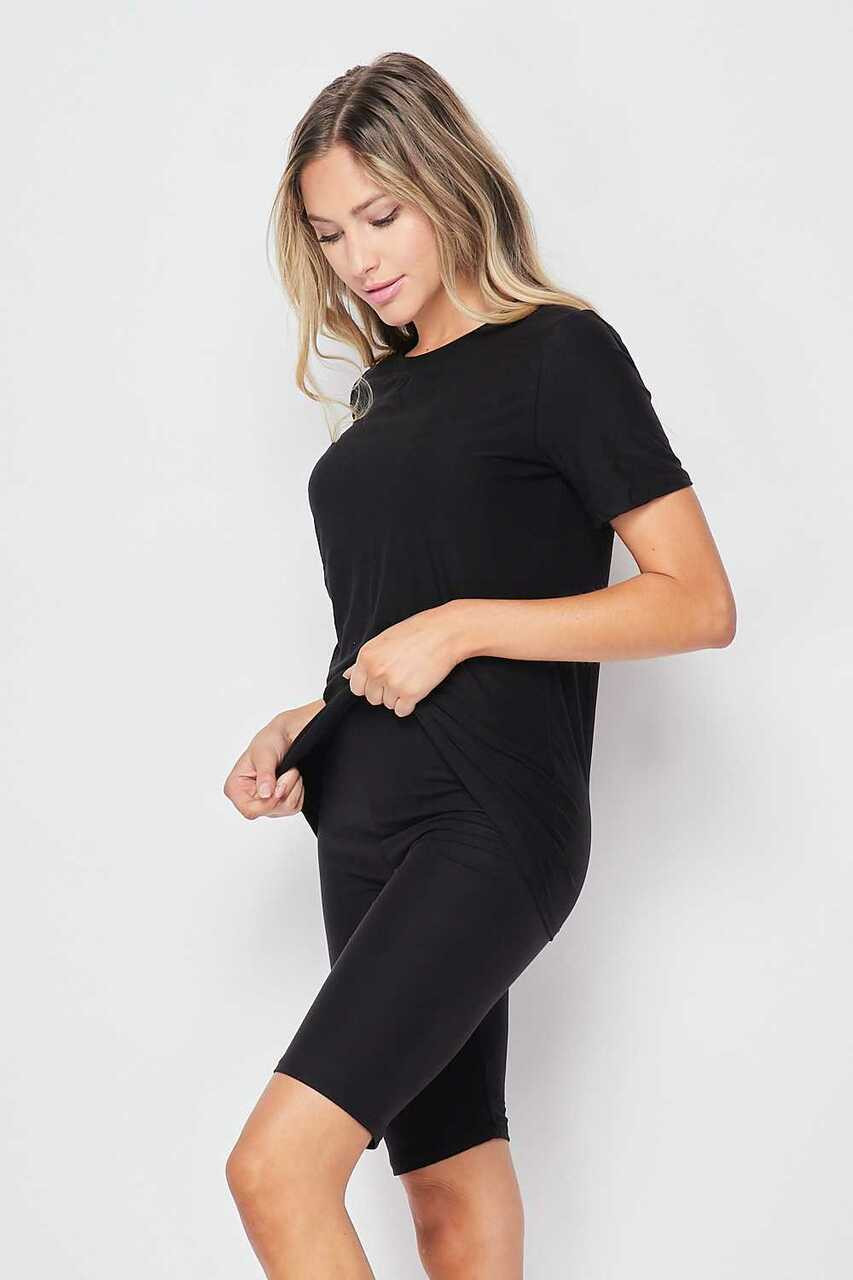 Left side of Black Buttery Smooth Basic Solid Biker Shorts and T-Shirt Set