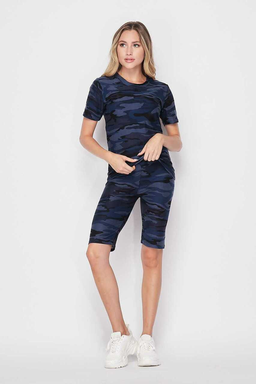 Front side image of 2 Piece Buttery Smooth Navy Camouflage Biker Shorts and T-Shirt Set shown paired with white sneakers