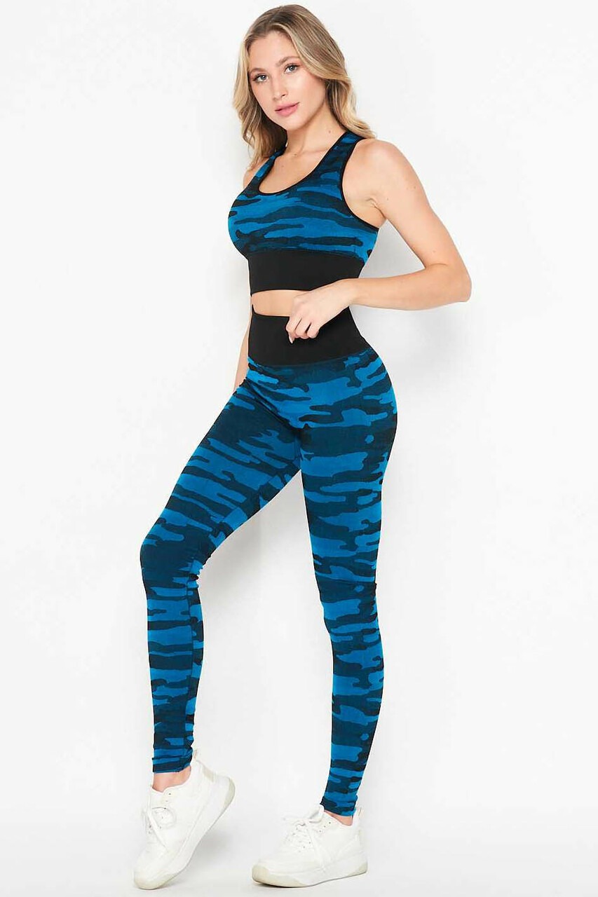 Left side of 2 Piece Seamless Teal Camouflage Bra Top and Leggings Sport Set with a fabulous blue army print design