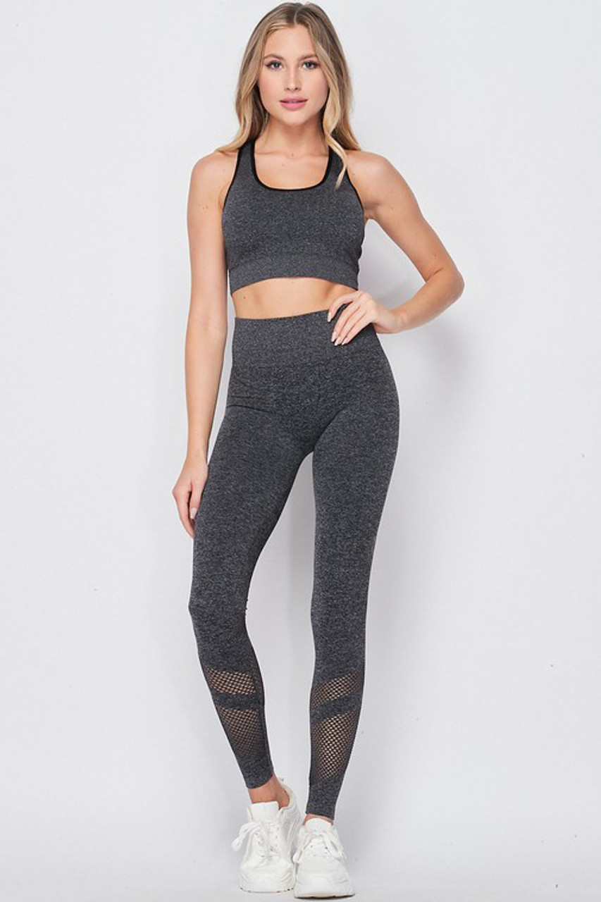 Front of Premium 2 Piece Charcoal Bra Top and Leggings Sport Set with a high waist design.