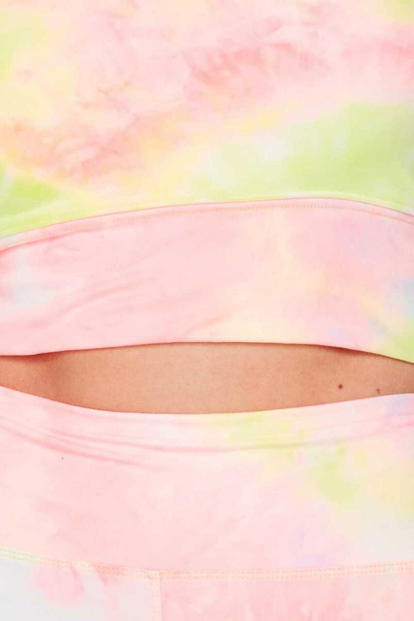 Close-up of Pink and Yellow Tie Dye 2 Piece High Waisted Biker Shorts and Crop Top Set