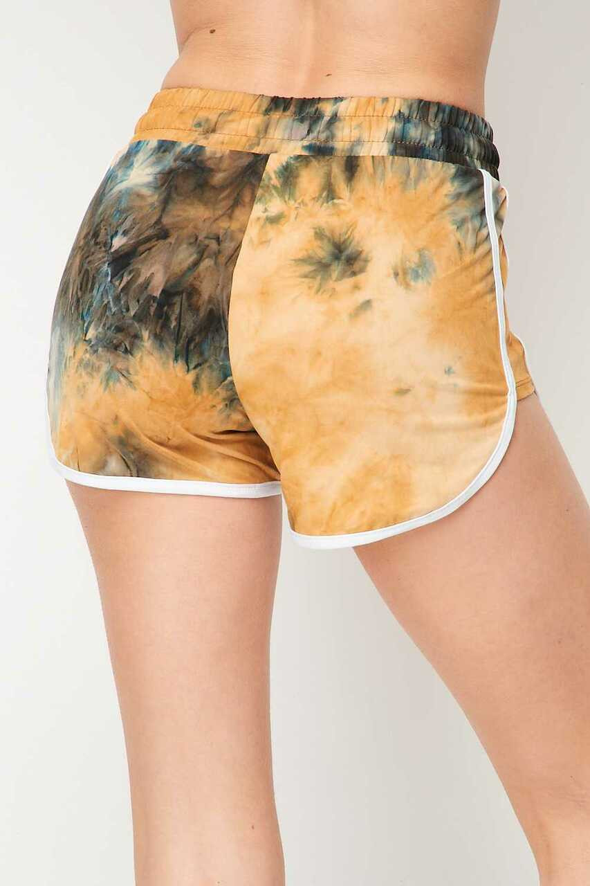 Back side image of Buttery Smooth Camel Tie Dye Side Striped Drawstring Waist Dolphin Shorts