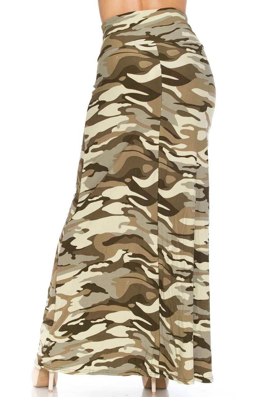 Back side image of Buttery Smooth Light Olive Camouflage Plus Size Maxi Skirt featuring a high waist design that is super flattering.