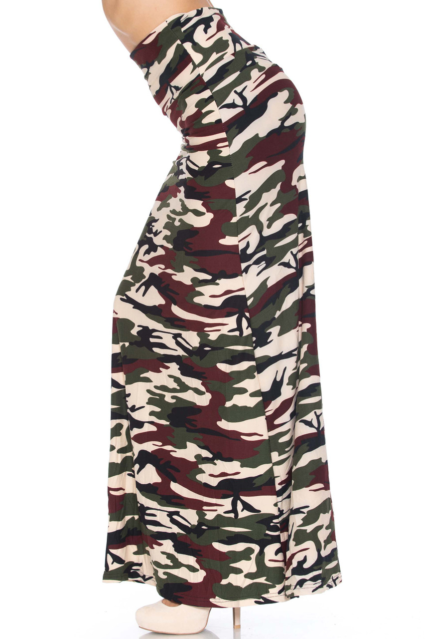 Left side of Buttery Smooth Cozy Camouflage Maxi Skirt with an always in fashion army print design.