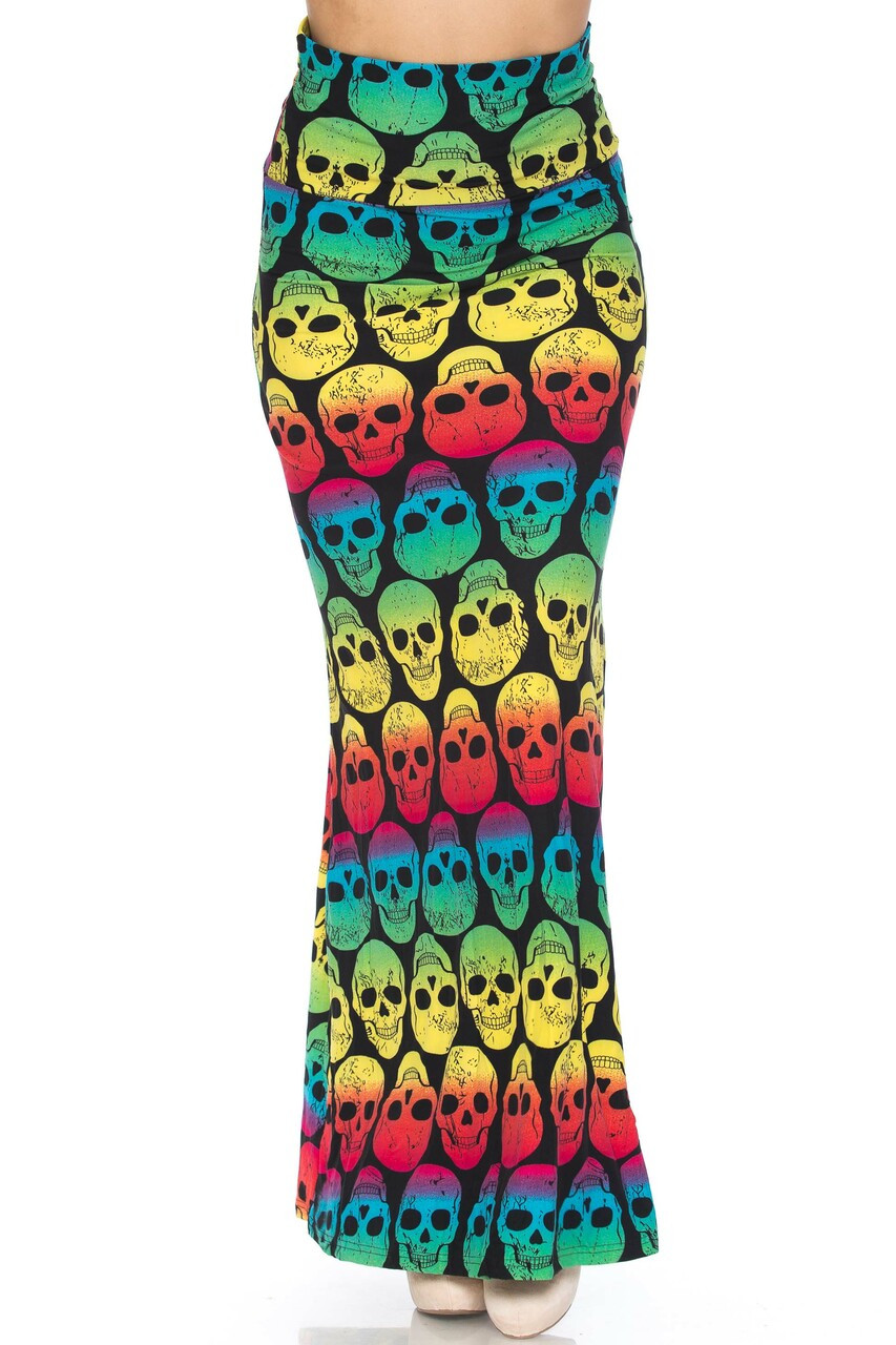 Front side of Buttery Soft Rainbow Skull Maxi Skirt with a long past ankle length depending on height.
