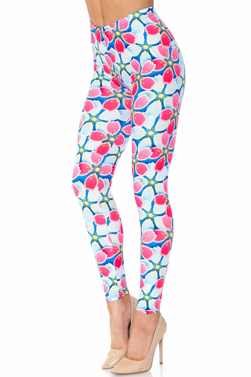 Creamy Soft Pink and Blue Sunshine Floral Extra Plus Size Leggings - 3X-5X - USA Fashion™
