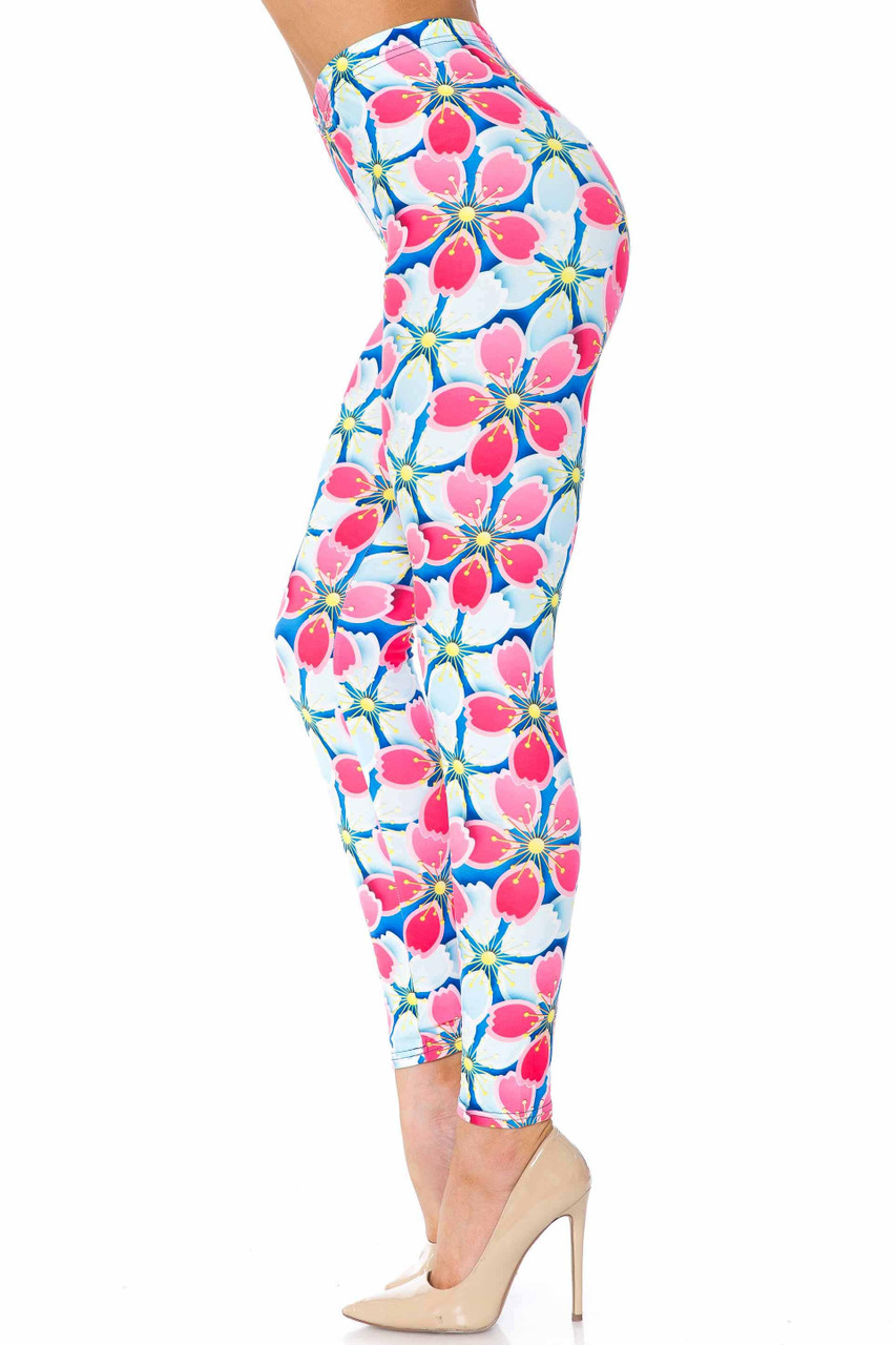 Creamy Soft Pink and Blue Sunshine Floral Extra Plus Size Leggings - 3X-5X - USA Fashion™