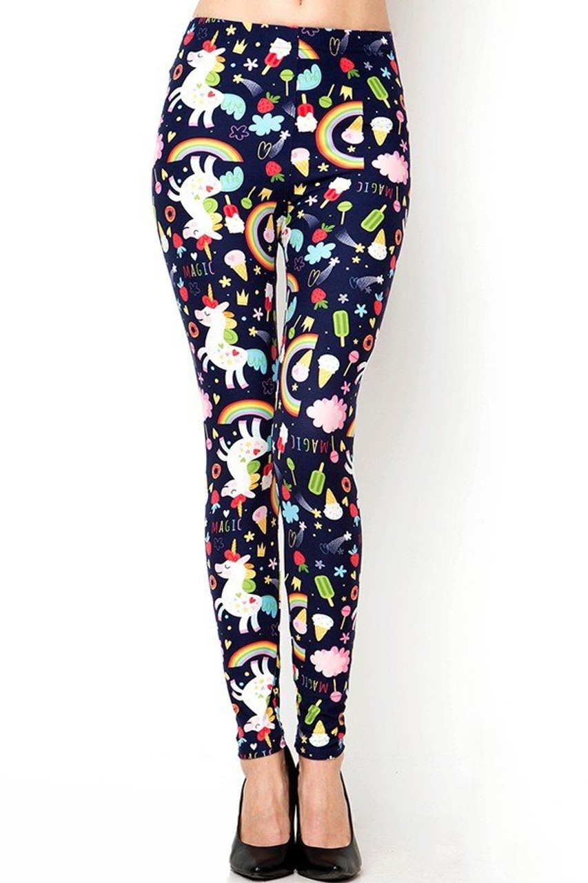 Front side image of super comfy mid rise Buttery Smooth Magic Unicorns and Treats Leggings