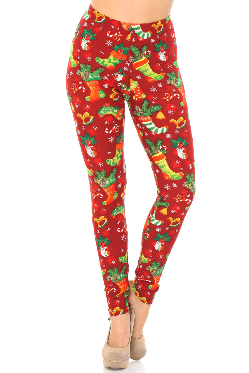 Buttery Soft Ruby Red Christmas Stocking Extra Plus Size Leggings - 3X-5X