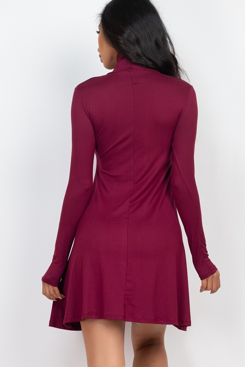 Burgundy Long Sleeve Mock Neck Flare Mini Dress