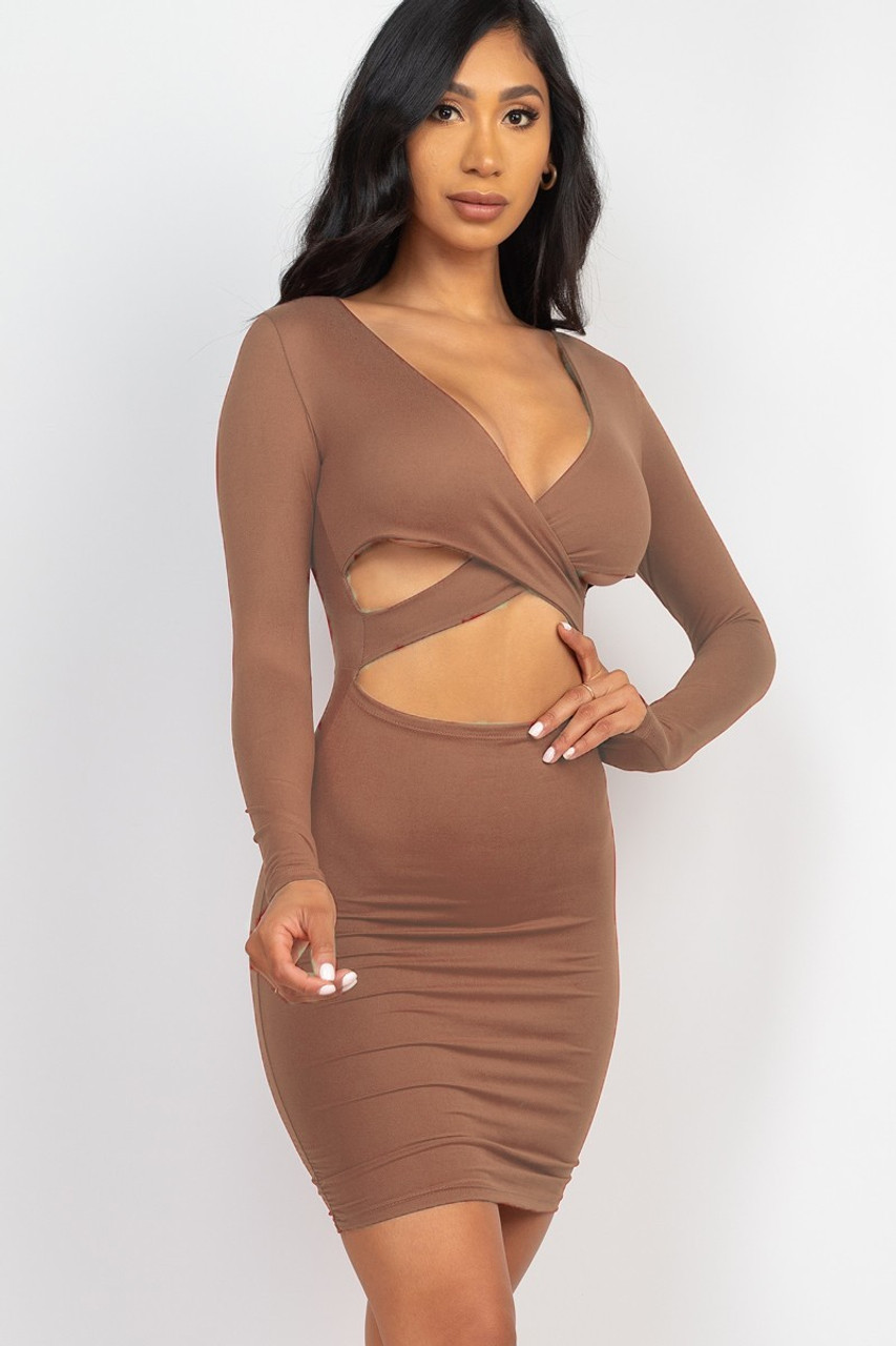 Taupe Gray Long Sleeve Crisscross Cut Out Front Mini Bodycon Dress