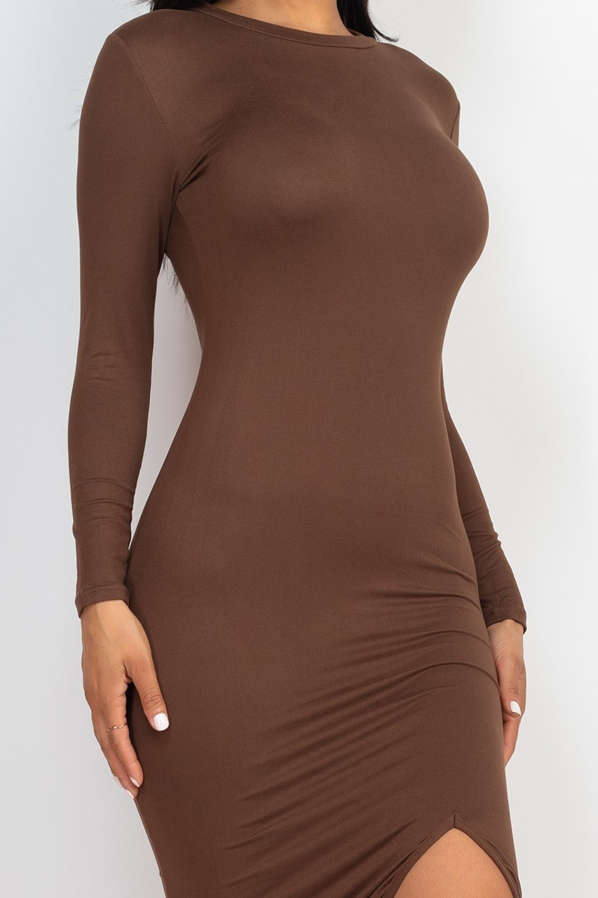 Brown Solid Long Sleeve Thigh Slit Midi Broycon Dress