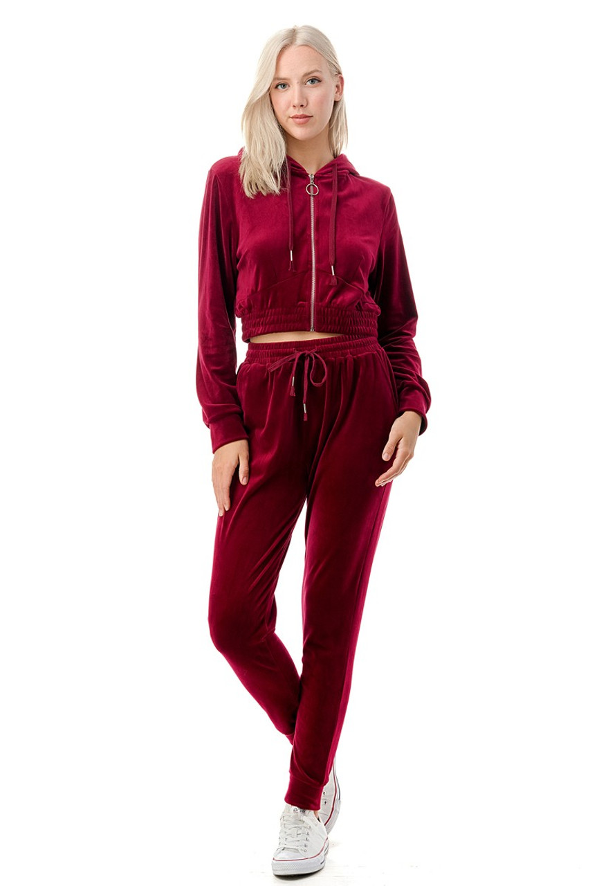 Velour Zip Up Crop Hoodie Jogger Set