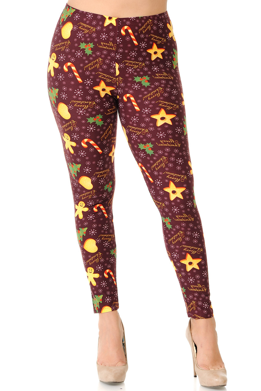 Front view of full length skinny leg cut Buttery Soft Merry Christmas Treats and Cookies Plus Size Leggings