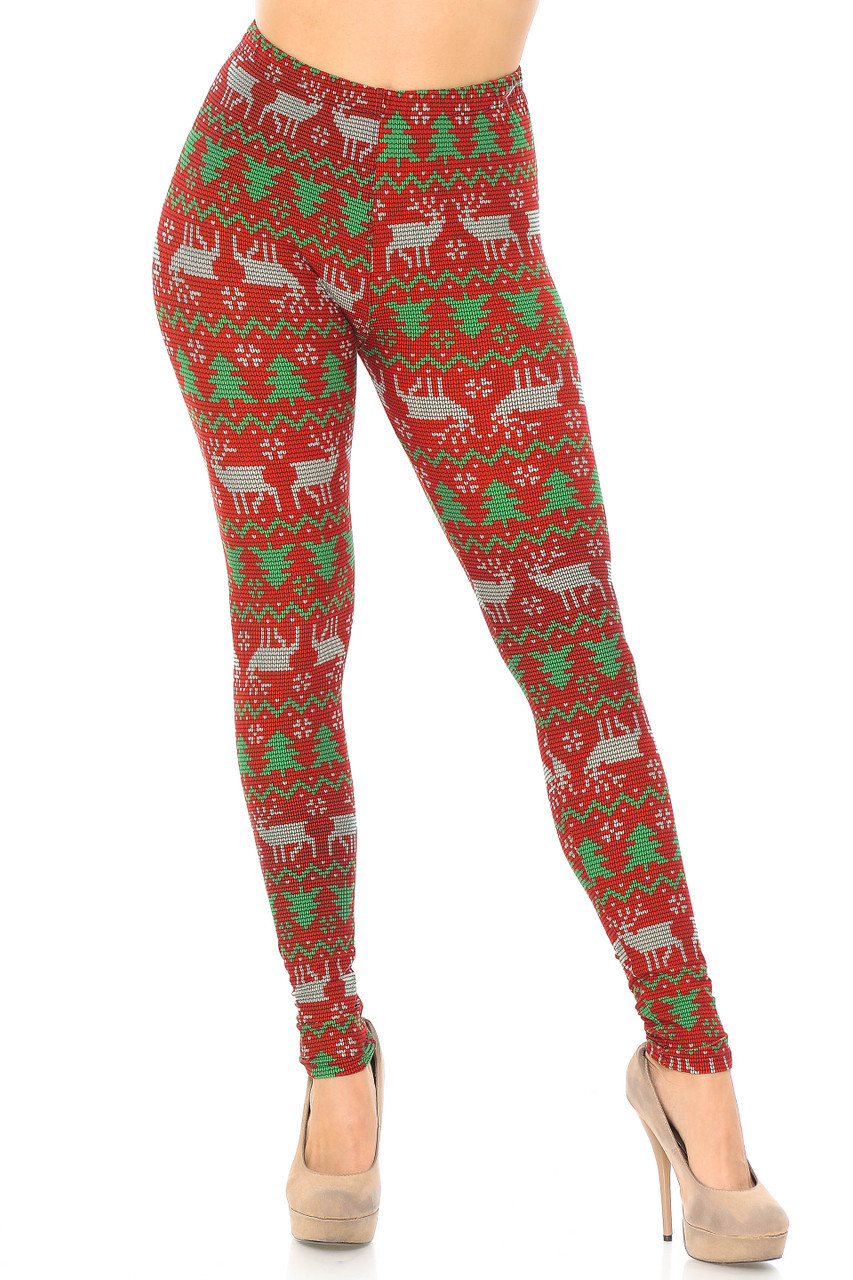 Buttery Soft Faux Knit Reindeer and Holiday Tree Extra Plus Size Leggings - 3X-5X