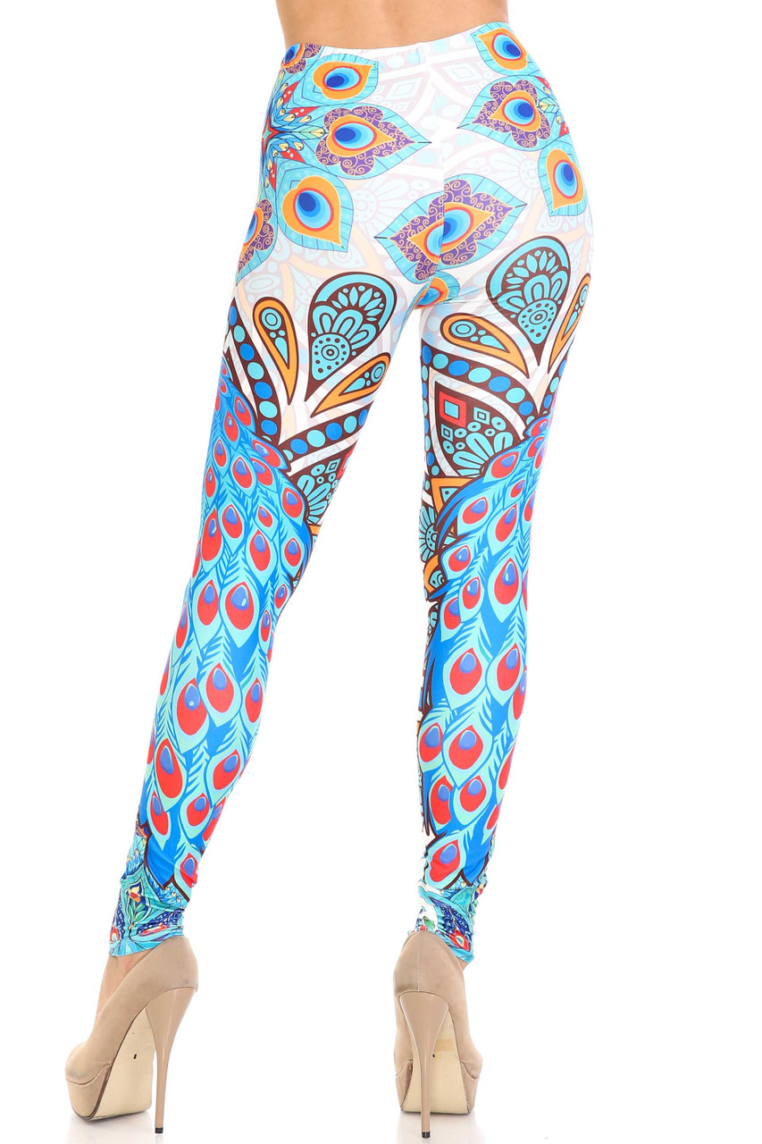 Rear view of Creamy Soft Pristine Peacock Plus Size Leggings - By USA Fashion™ showing the continued colorful 360 degree design.