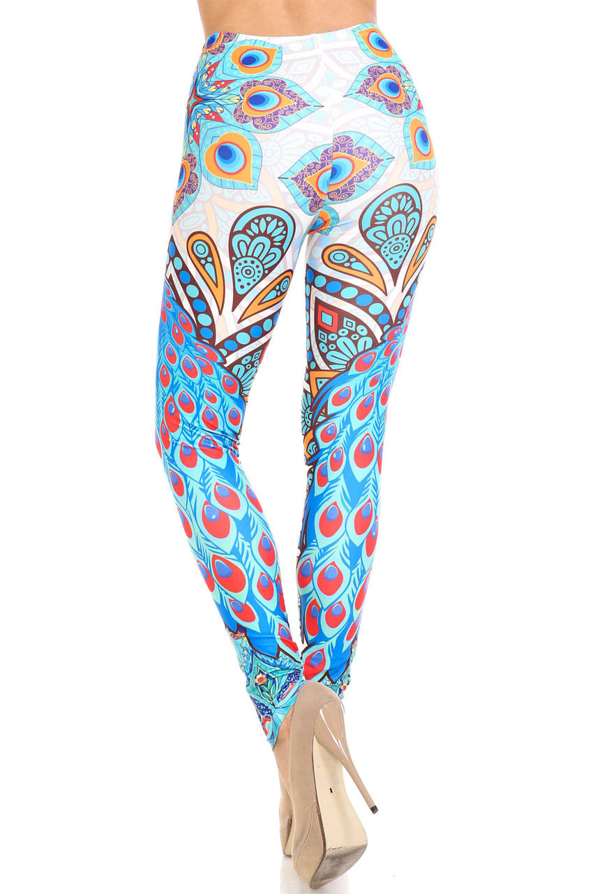 Back view of Creamy Soft Pristine Peacock Plus Size Leggings - By USA Fashion™ showing off a body hugging fit.