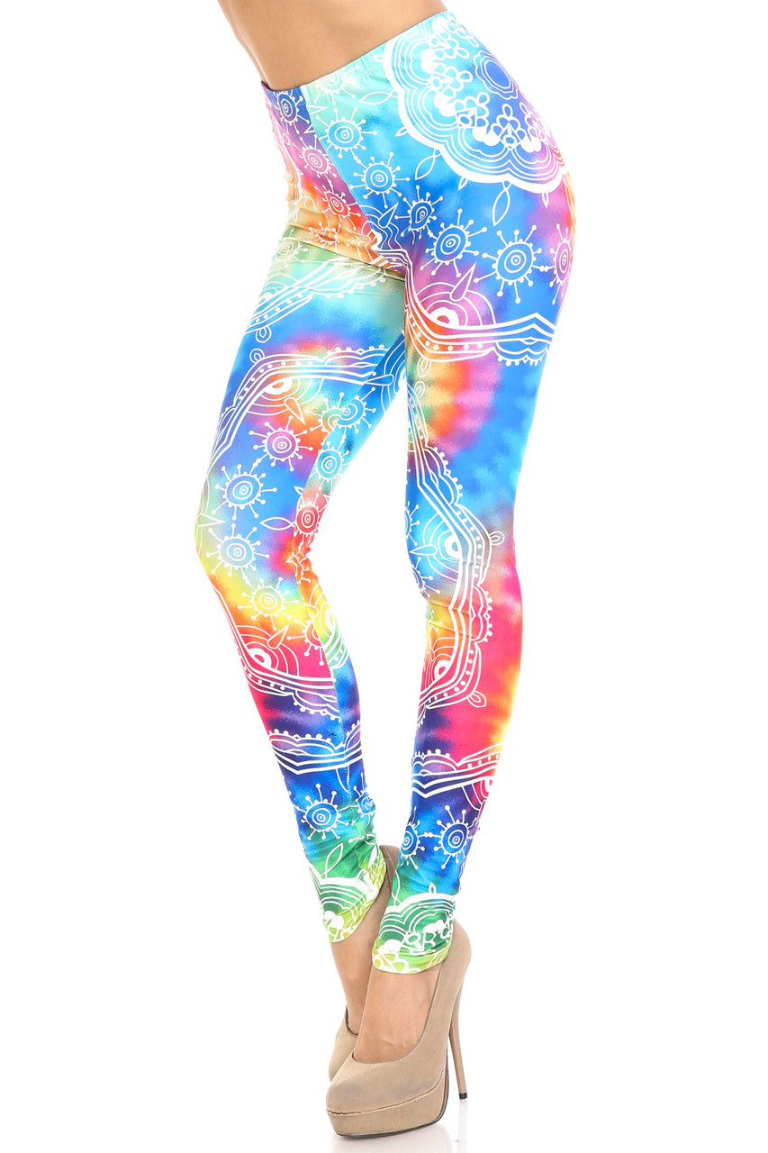 45 degree view of Creamy Soft California Tie Dye Leggings  - By USA Fashion™ featuring a rainbow dyed background with a white mandala design.