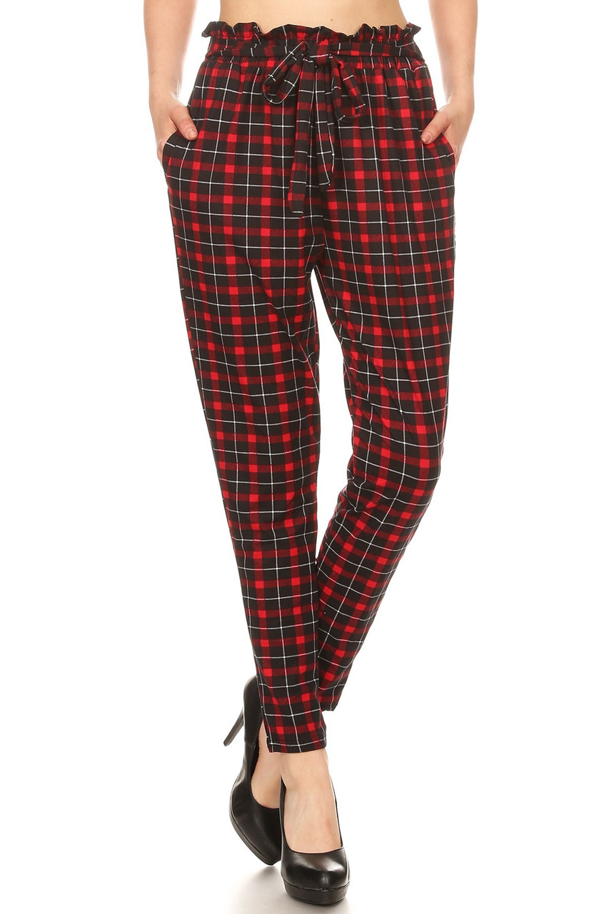 Front image of Red Plaid High Waisted Paper Bag Tie Front Pants with an all over design and an attached belted sack waist.