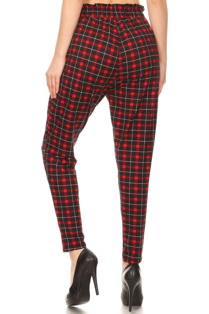 Rear view of Red Plaid High Waisted Paper Bag Tie Front Pants