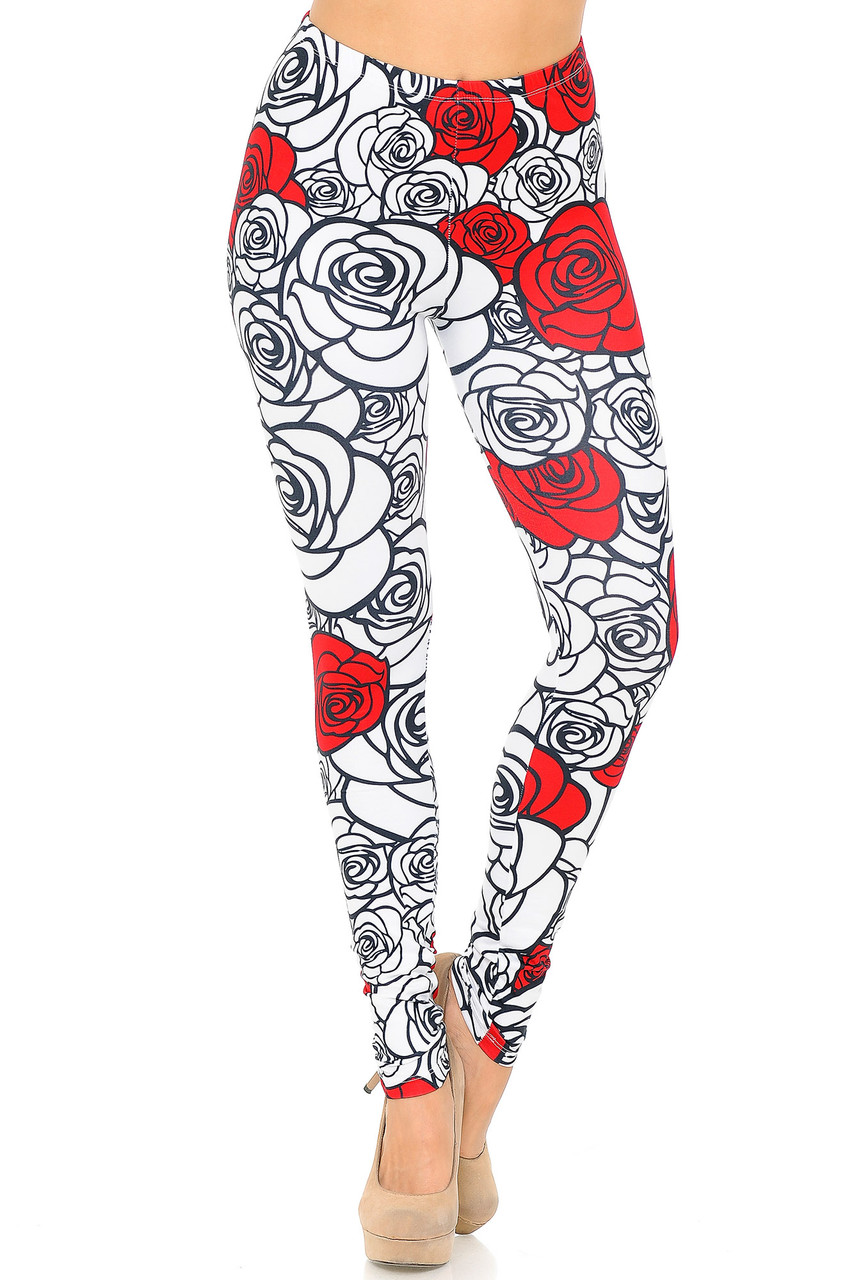Front image of Creamy Soft Red Stencil Roses Leggings - USA Fashion™ that can be incorporated into dressy or casual outfits for any season.