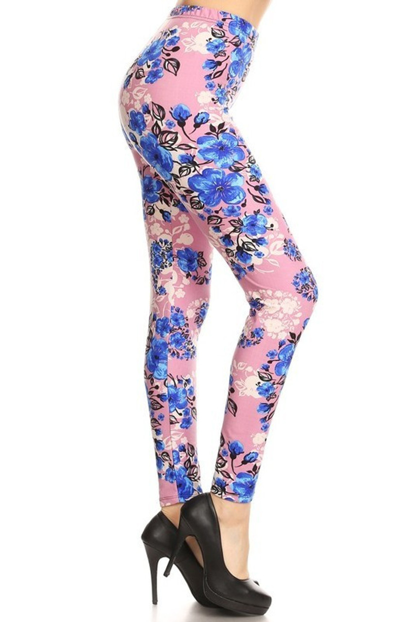Buttery Soft Beautiful Swirling Blue on Pink Floral Leggings