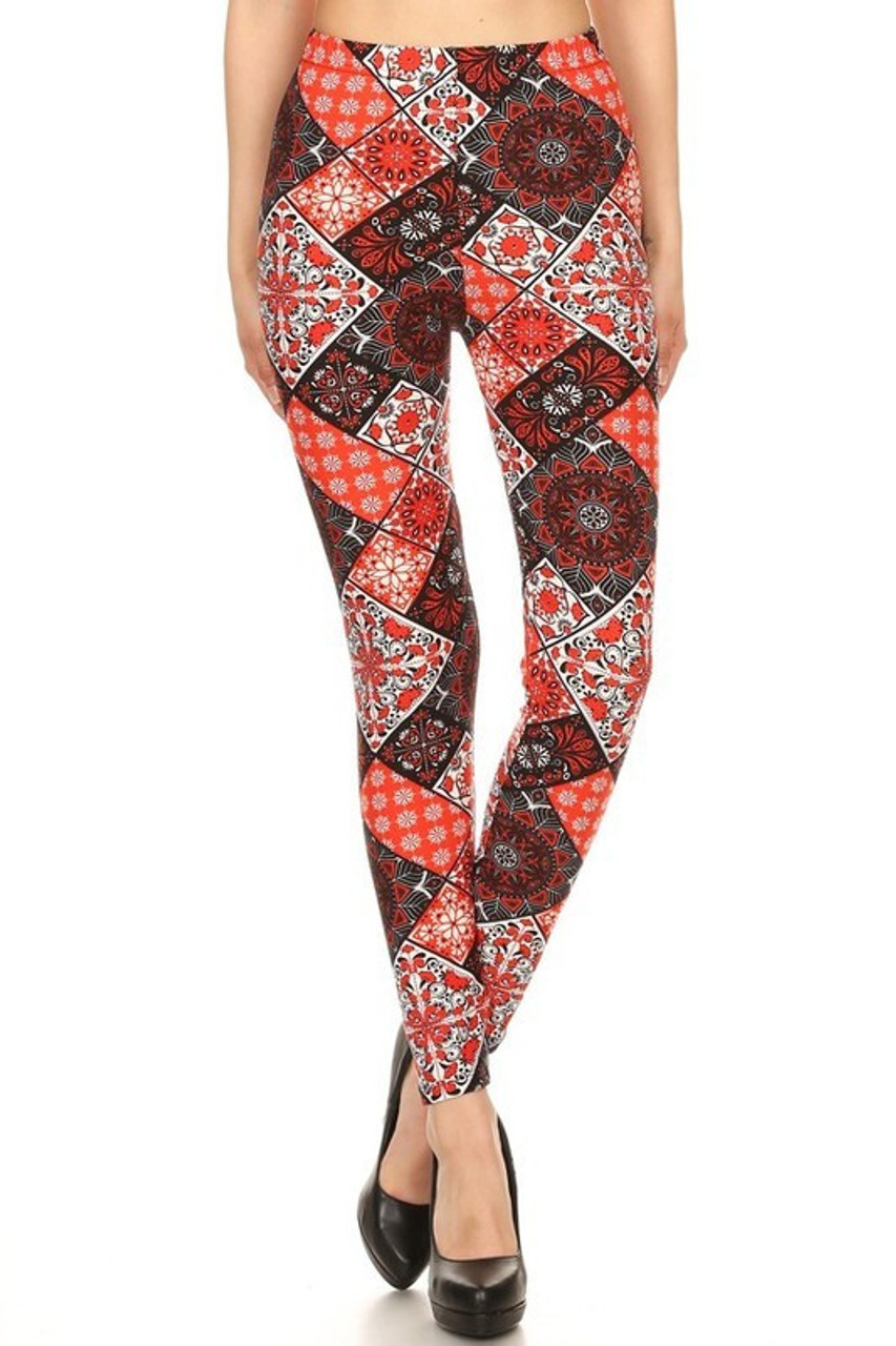Buttery Soft Red Mandala Patchwork Plus Size Leggings