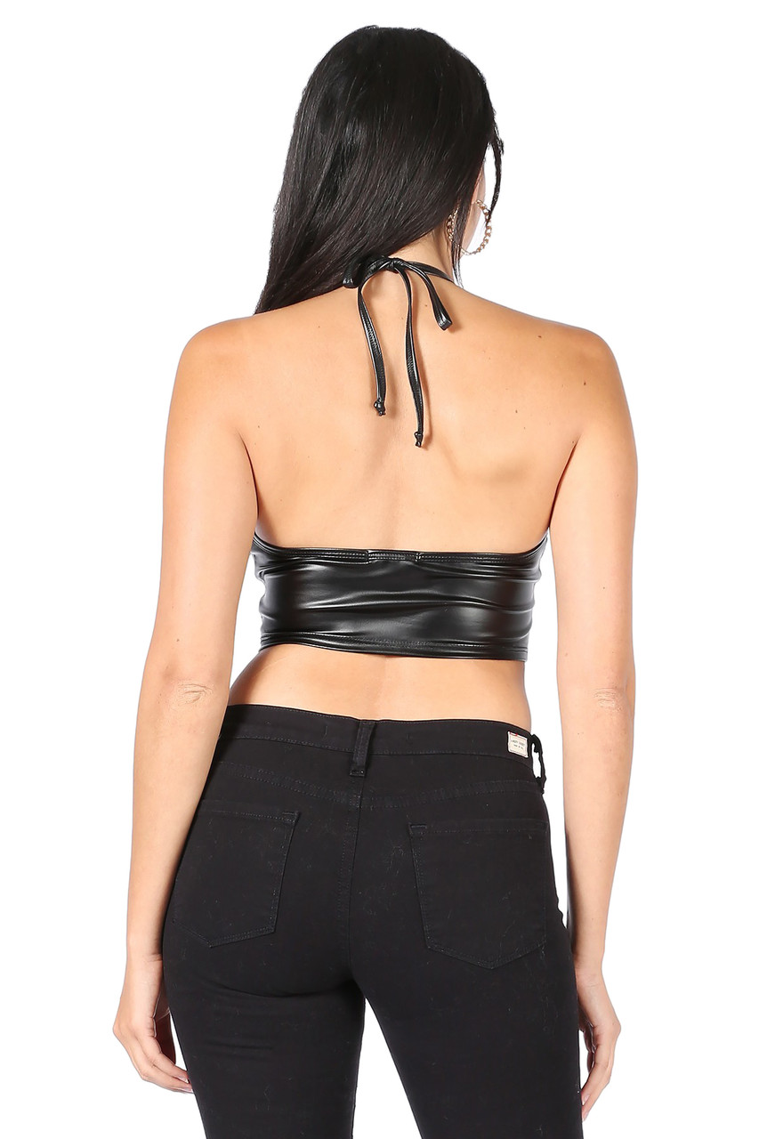 Solid Faux Leather Tie Back Hanky Style Halter Top