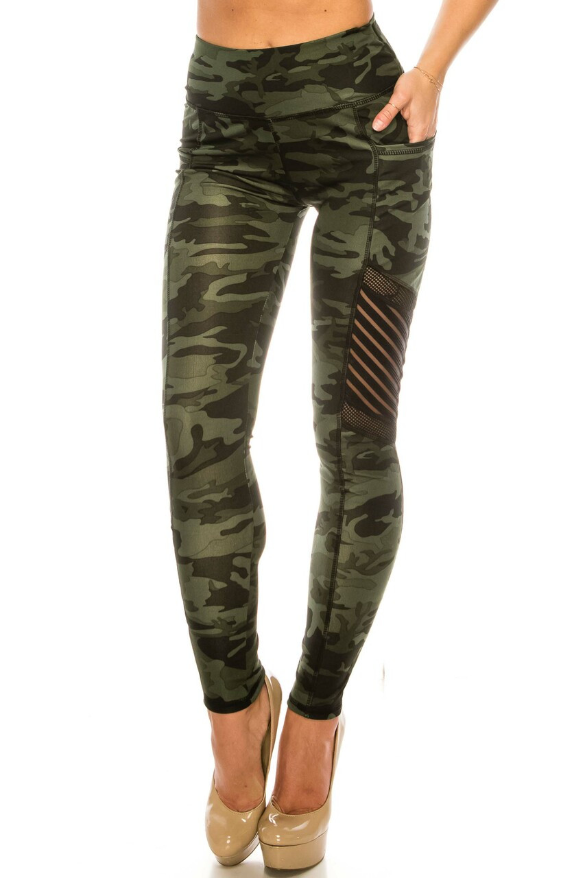 Front image view of Dark Olive Camouflage Serrated Mesh High Waisted Sport Leggings