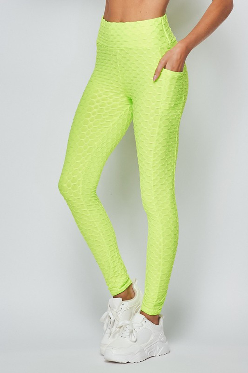 Left side view of Neon Green Scrunch Butt Textured High Waisted Plus Size Leggings with Pockets