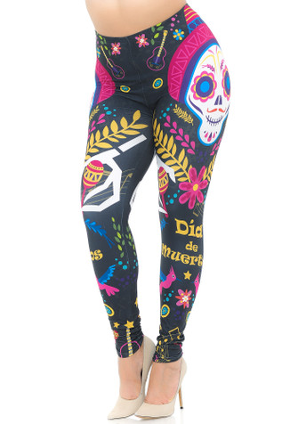 New PLUS SIZE BLACK PINK SUGAR SKULL LEGGINGS ONE SIZE 1X 2X 3X TRUE Sizes