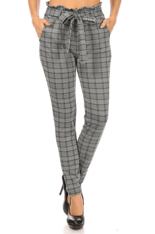 Red Plaid High Waisted Paper Bag Tie Front Pants