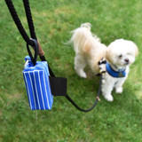 Blue Stripe Duffel Poop Bag Dispenser with Black Unscented Tie Handle Dog Waste bags with Adjustable Hook- and-Loop Strap and Metal Carabiner Clip On Leash with Dog Sitting