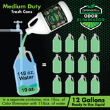 Mix 118 oz. of water with 10 oz. of Zero Waste USA® Odor Eliminator for Medium Duty applications. Cost per ready to use liquid is less than $5.50 a gallon.